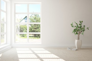 White empty room with summer landscape in window. Scandinavian interior design. 3D illustration