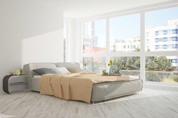 Inspiration of white minimalist  bedroom with summer landscape in window. Scandinavian interior design. 3D illustration