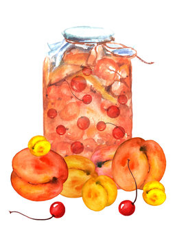 Watercolor drawing. Bank with jam, compote. Berry jam, cherry, sea-buckthorn, pieces of pear, apple.Fruits peach, apricot, plum, berry. Drawing on white isolated background.