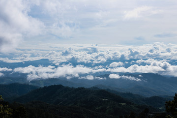 Photo taken from the top view of the sea of mist and clouds on top of the mountain in the morning at Chiangmai Thailand.