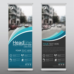 Roll up business banner design vertical template vector, cover presentation abstract geometric background, modern publication display and flag-banner, layout in rectangle size.