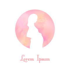 White silhouette of pregnant woman. Expecting mother. Infographics advertising banner poster menu template. Pink watercolor circle background. Vector illustration.