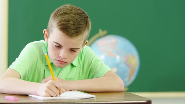 Young boy writing and taking notes