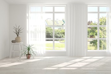 White empty room with summer landscape in window. Scandinavian interior design. 3D illustration