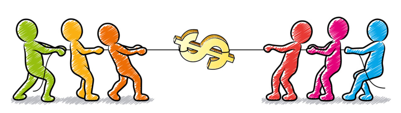 Tauziehen: Eine Gruppe von Strichm&auml;nnchen streitet um ein Dollarzeichen / schraffiert, Vektor, freigestellt