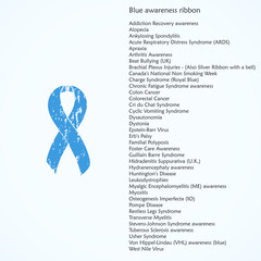 Painted awareness ribbon. Blue isolated icon. List of meanings, symbol, name of color.