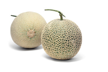 Full of two Cantaloupe melon on white background.