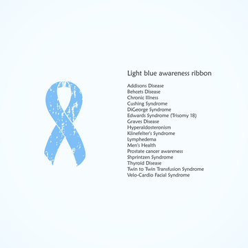Painted awareness ribbon. Light blue ribbon. Isolated icon. List of meanings, symbol, name of color.