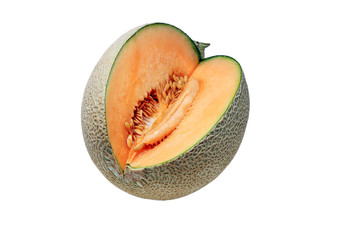 Cut of orange Melon to show the flesh,seeds and peel isolated on white background.