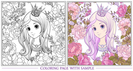 Obraz premium Young nice girl with long hear with princess crown in the garden