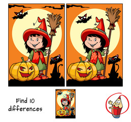 Cute little witch girl with a broom, pumpkin, black cat, spider and a bat. Find 10 differences. Educational game for children. Halloween cartoon vector illustration