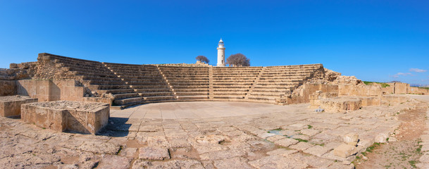 Ancient Greek amphitheater in archaeological site in Paphos, Cyprus
