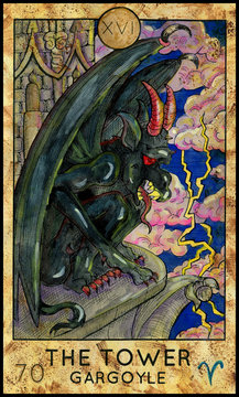 Tower. Gargoyle. Fantasy Creatures Tarot full deck. Major arcana