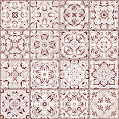 A collection of different ceramic tiles in retro colors. A set of square patterns in ethnic style. Vector illustration.