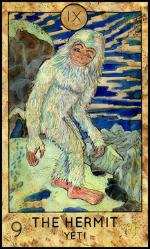 Hermit. Yeti or Bigfoot. Fantasy Creatures Tarot full deck. Major arcana