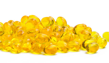 Pile of cod liver oil isolated on white background. Source of Omega-3 and vitamin A & D helps growth development and absorption of calcium and phosphorous in the body