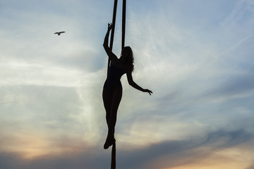 Acrobatics on aerial silk performs acrobatic stunts.