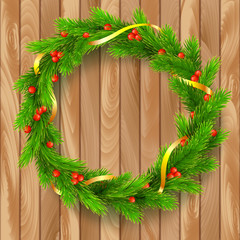 Traditional Christmas wreath made of green fir branches with red berries of viburnum, Golden ribbon on a wooden background. , 3D illustration