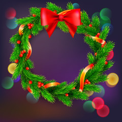 Traditional Christmas wreath made of green fir branches with red berries of viburnum, Golden ribbon and red bow on background with blur, bokeh effects. , 3D illustration