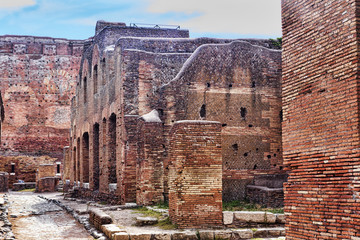 Street view in the archaeological Roman ruins in Ostia Antica - Rome - Italy