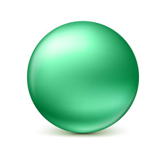 Green glossy sphere isolated on white with shadow and reflections in the color of the sphere. 3D illustration for your design, easy to edit and change the size