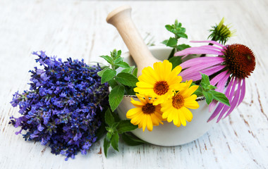medical flowers in mortar