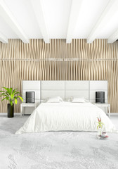 White bedroom minimal style Interior design with wood wall and grey sofa. 3D Rendering. 3D illustration