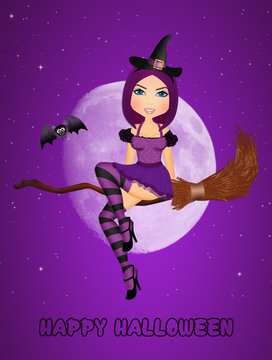 witch on broom in the Halloween night