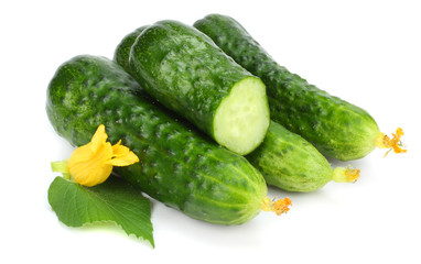cucumber with sliced cucumber and leaf isolated on white background