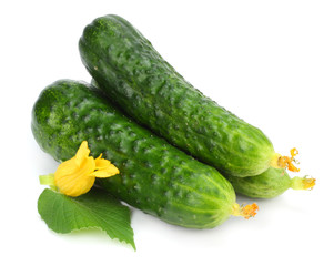 cucumber with sliced cucumber and leaf isolated on white background