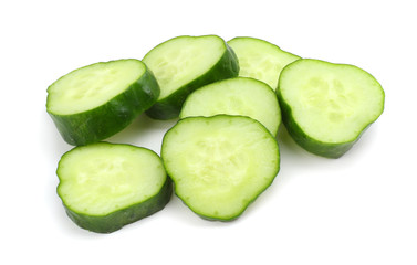 cucumber with sliced cucumber and leaf isolated on white background