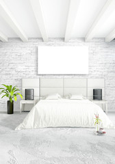 White bedroom minimal style Interior design with wood wall and grey sofa. 3D Rendering. 3D illustration