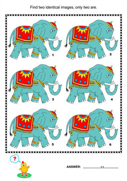 Visual puzzle or picture riddle: Find two identical images of elephants. Answer included.
