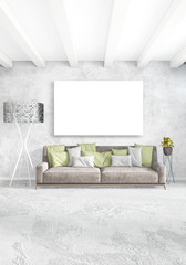 White bedroom minimal style Interior design with wood wall and grey sofa. 3D Rendering. 3D illustration