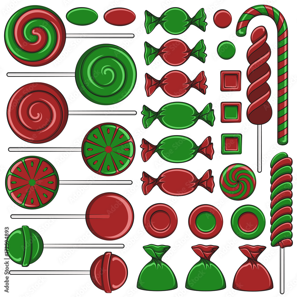 Aufkleber set of color illustrations with christmas red and green sweets. isolated vector objects on white bac