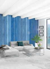 White bedroom minimal style Interior design with wood wall and grey sofa. 3D Rendering. 3D illustration