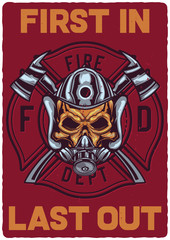 T-shirt or poster design with illustration of firefighter's skull