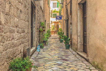 Street of the old city of  Kotor , Montenegro. The old part of the city is a UNESCO World Heritage Site and a famous tourist attraction.
