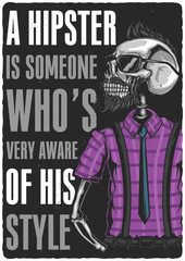 T-shirt or poster design with illustration of hipster's skeleton