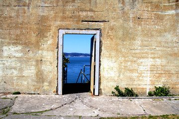 outdoor of old prison building in Alcatraz, San Francisco CA