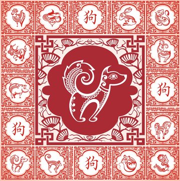 Traditional Chinese calendar with all zodiac animals silhouettes