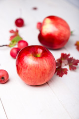 Red apples big and small on white wooden background.  Close up. Autumn concept.