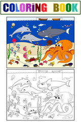 Seabed with marine animals. Vector coloring for kids, cartoon.