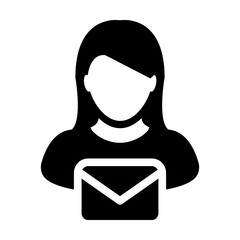 Email Icon vector with person female symbol profile avatar for send and receive mail message for business in Glyph Pictogram illustration