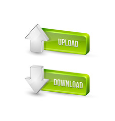 Three dimensional download and upload buttons with arrow icons