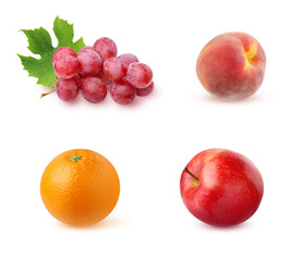 Apple, orange, peach and grape with leaves isolated on a white background.