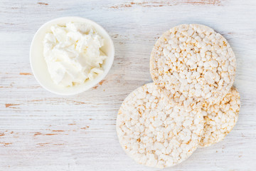 Fototapeta na wymiar Healthy Snack from Rice Cakes with Ricotta Cheese