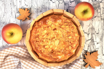 Homemade apple pie with apples on light rustic background