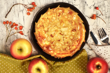 Homemade apple pie with apples on light rustic background