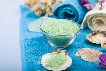 Spa treatments on a blue wooden table.